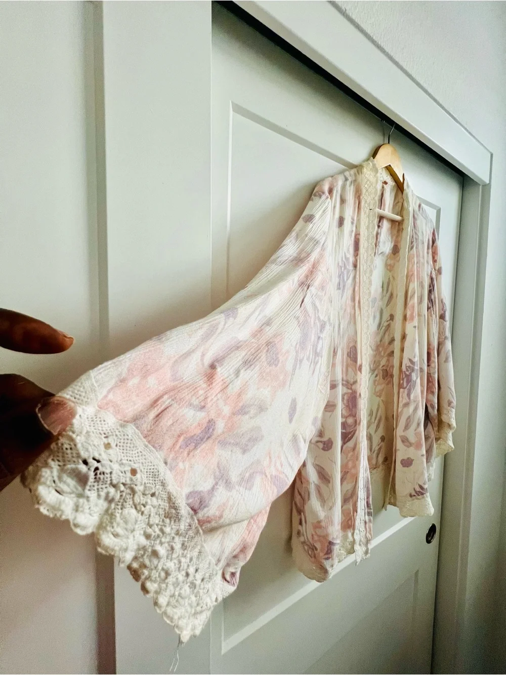 Free People Floral Lace-Trim Kimono Cover-Up - Cream, Pink & Lavender